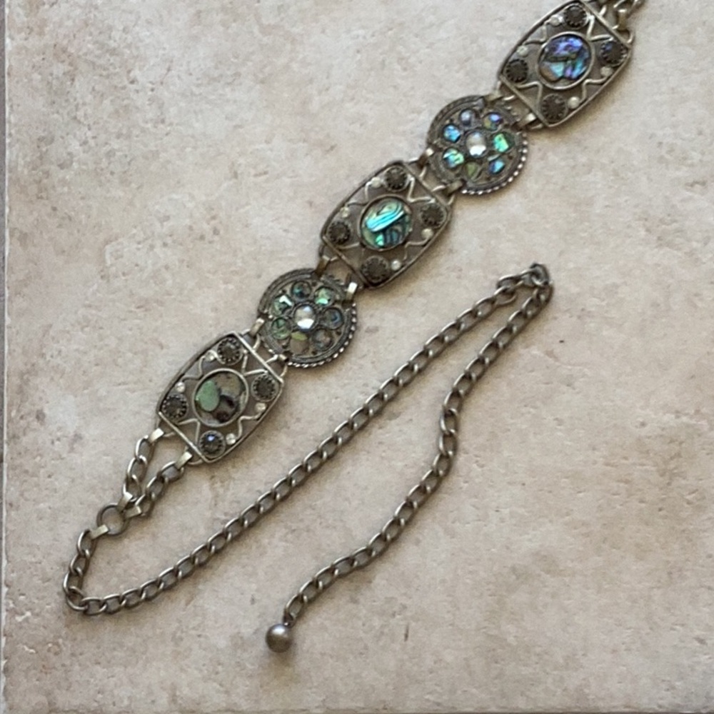 Chicos Abalone shell/ rhinestone silver tone metal chain link belt - Picture 10 of 13